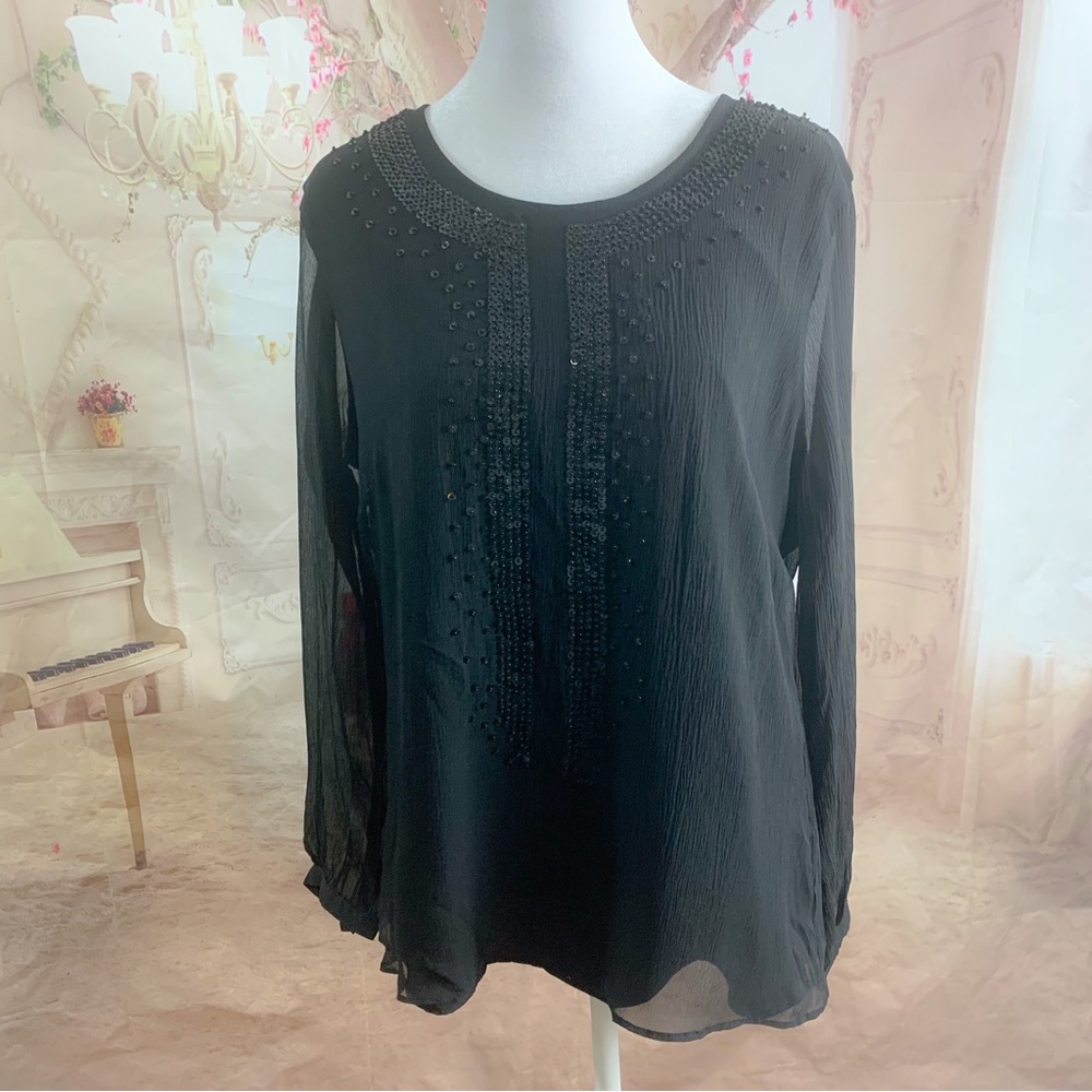 NEW Vineyard Vines Black Sheer Panel Beaded Blouse